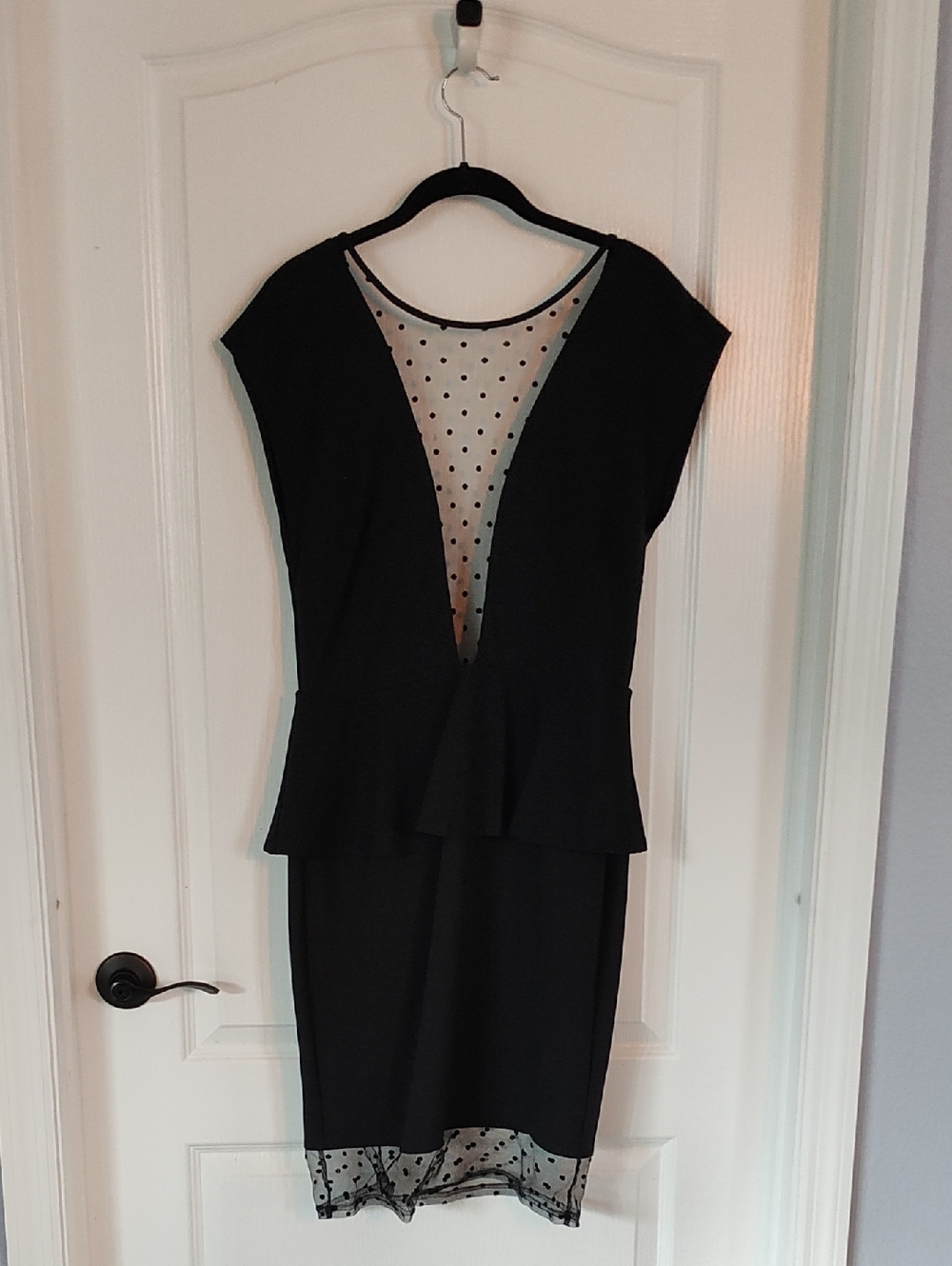 VENUS Black Polka Mesh Peplum Midi Dress